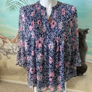 Navy Pink Floral Blouse